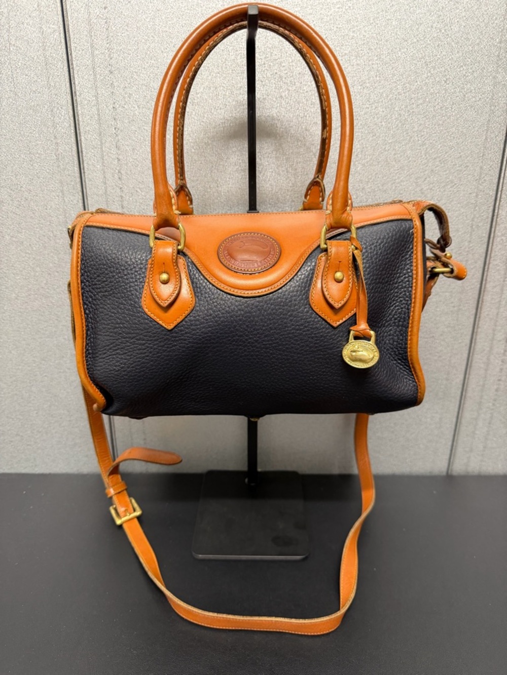 Vintage Dooney Bourke AWL Satchel Navy Tan USA Made Crossbody